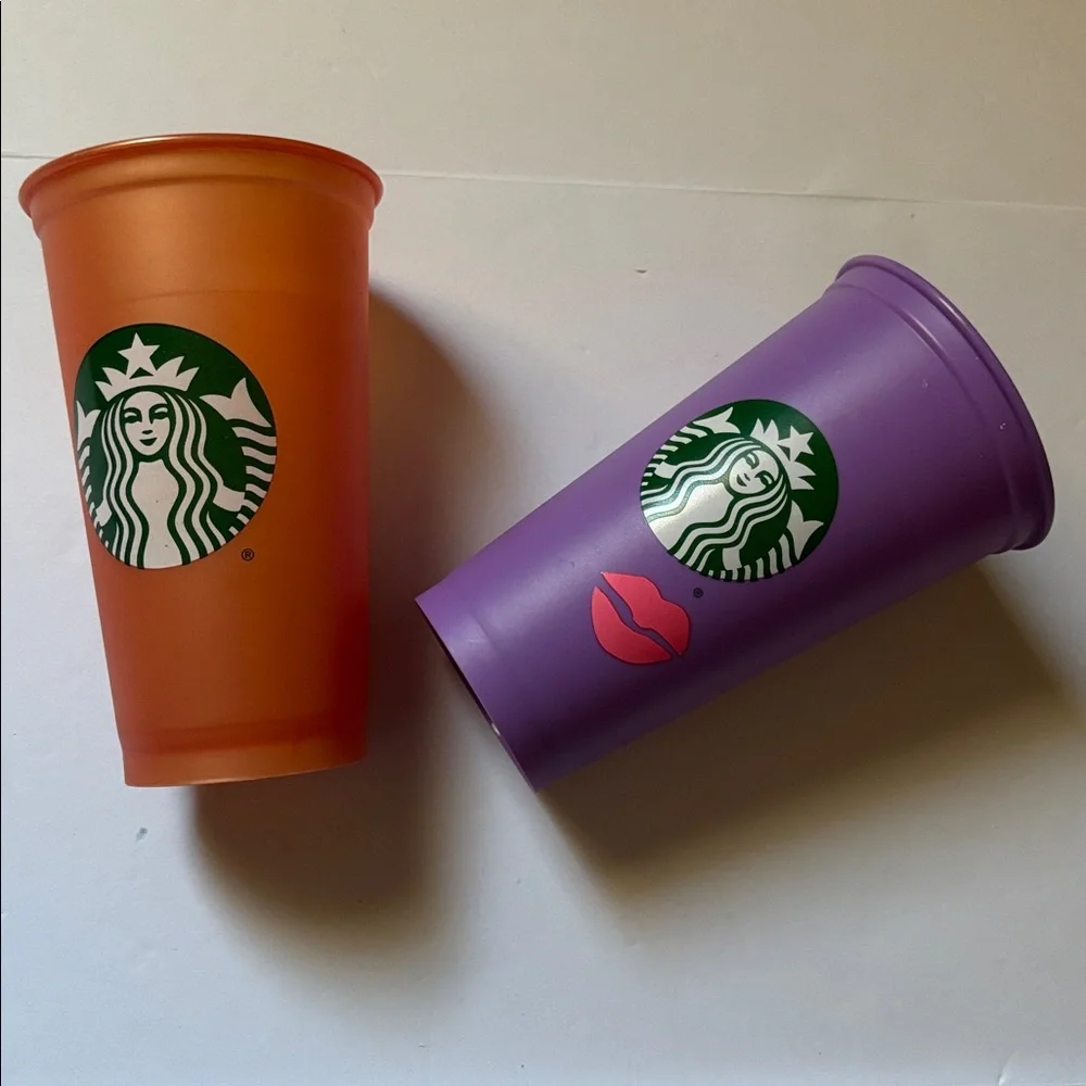 Starbucks | Bundle of Two Reusable Coffee Cups Orange + Purple Lip Kiss Imprint